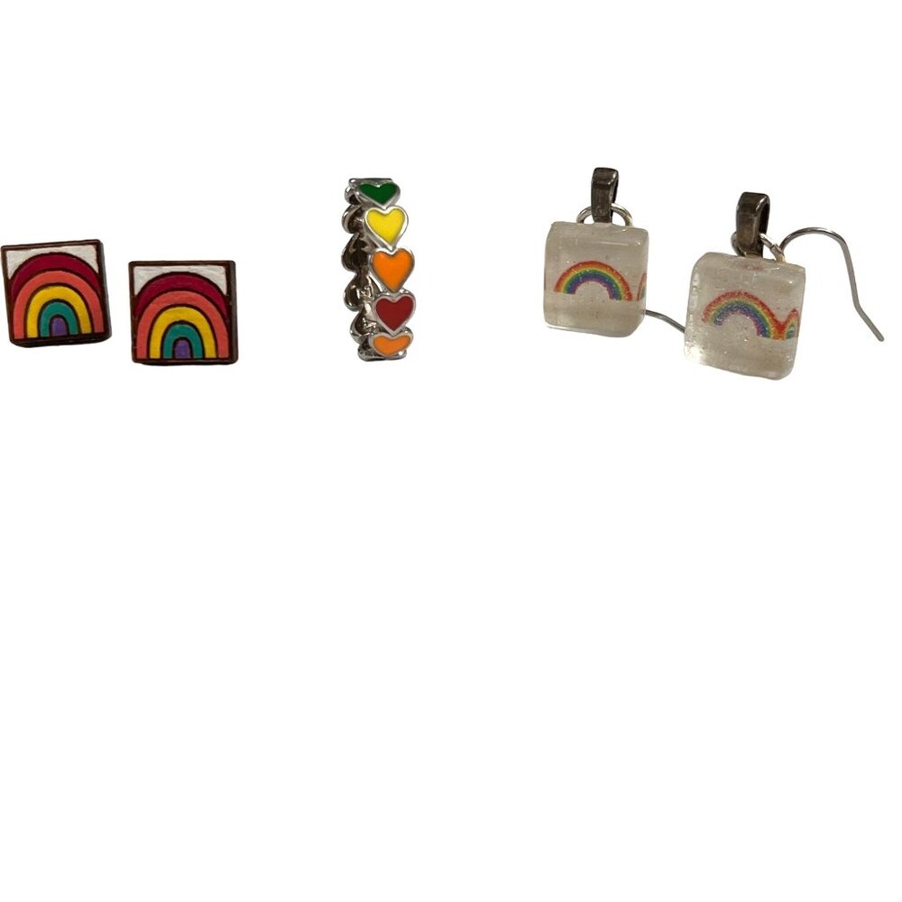 Adorable 3 Piece Set Rainbow Pride Earrings Ring Pura Vida LGBTQ - Picture 4 of 9